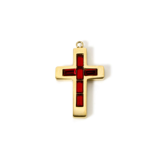 Picture of 1 Piece Eco-friendly PVD Vacuum Plating 304 Stainless Steel Birthstone Charms 14K Real Gold Plated Cross January Wine Red Rhinestone 25mm x 15mm