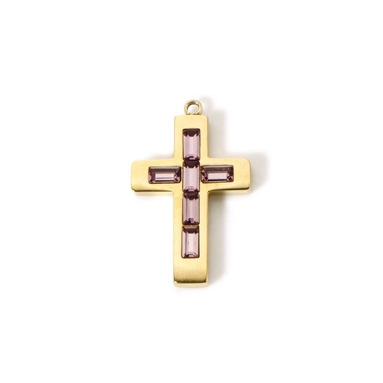 Picture of 1 Piece Eco-friendly PVD Vacuum Plating 304 Stainless Steel Birthstone Charms 14K Real Gold Plated Cross February Purple Rhinestone 25mm x 15mm