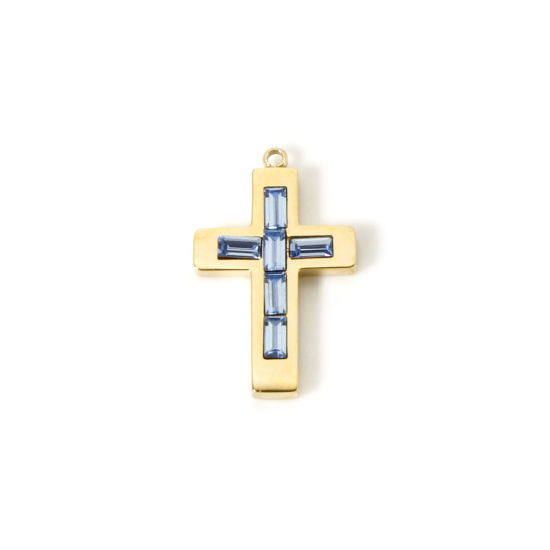 Picture of 1 Piece Eco-friendly PVD Vacuum Plating 304 Stainless Steel Birthstone Charms 14K Real Gold Plated Cross March Aqua Blue Rhinestone 25mm x 15mm