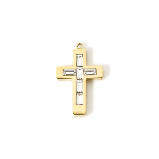 Picture of 1 Piece Eco-friendly PVD Vacuum Plating 304 Stainless Steel Birthstone Charms 14K Real Gold Plated Cross April Clear Rhinestone 25mm x 15mm