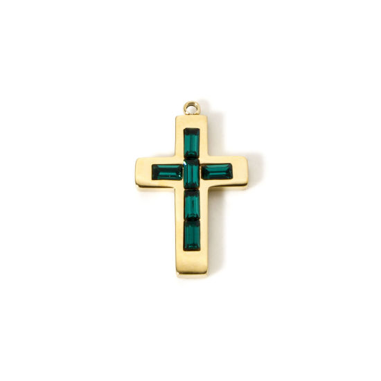 Picture of 1 Piece Eco-friendly PVD Vacuum Plating 304 Stainless Steel Birthstone Charms 14K Real Gold Plated Cross May Green Rhinestone 25mm x 15mm