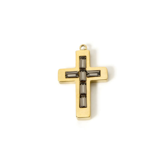 Picture of 1 Piece Eco-friendly PVD Vacuum Plating 304 Stainless Steel Birthstone Charms 14K Real Gold Plated Cross June Gray Rhinestone 25mm x 15mm