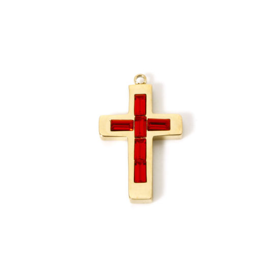 Picture of 1 Piece Eco-friendly PVD Vacuum Plating 304 Stainless Steel Birthstone Charms 14K Real Gold Plated Cross July Red Rhinestone 25mm x 15mm