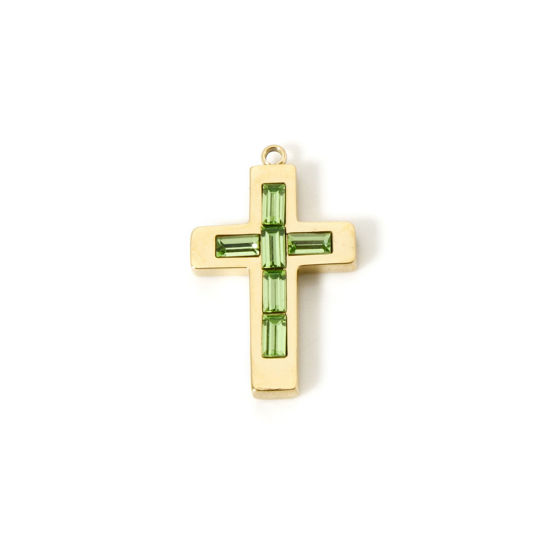 Picture of 1 Piece Eco-friendly PVD Vacuum Plating 304 Stainless Steel Birthstone Charms 14K Real Gold Plated Cross August Light Green Rhinestone 25mm x 15mm