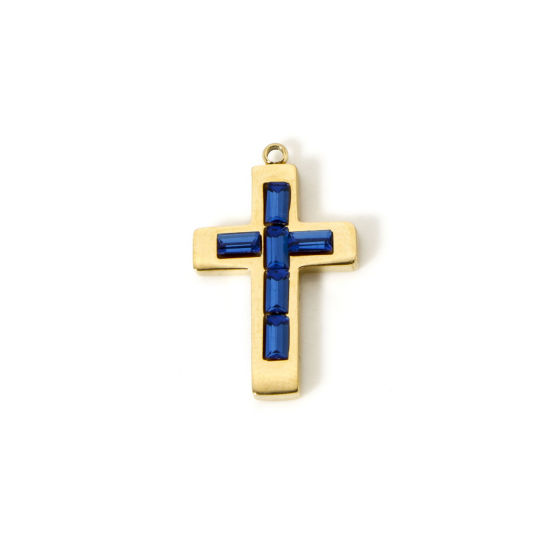 Picture of 1 Piece Eco-friendly PVD Vacuum Plating 304 Stainless Steel Birthstone Charms 14K Real Gold Plated Cross September Royal Blue Rhinestone 25mm x 15mm