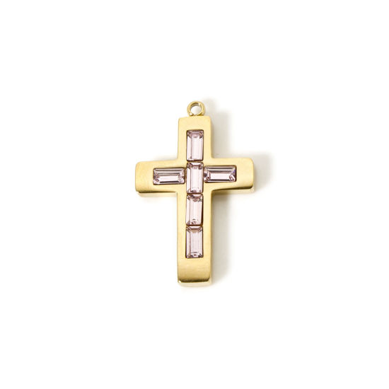 Picture of 1 Piece Eco-friendly PVD Vacuum Plating 304 Stainless Steel Birthstone Charms 14K Real Gold Plated Cross October Pink Rhinestone 25mm x 15mm