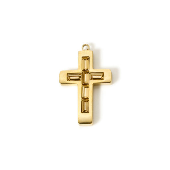 Picture of 1 Piece Eco-friendly PVD Vacuum Plating 304 Stainless Steel Birthstone Charms 14K Real Gold Plated Cross November Champagne Rhinestone 25mm x 15mm