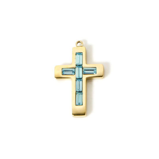 Picture of 1 Piece Eco-friendly PVD Vacuum Plating 304 Stainless Steel Birthstone Charms 14K Real Gold Plated Cross December Light Blue Rhinestone 25mm x 15mm