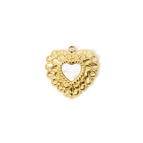 Picture of 1 Piece Eco-friendly PVD Vacuum Plating 304 Stainless Steel Valentine's Day Charms 14K Real Gold Plated White Heart Heart Imitation Shell 18.5mm x 18mm