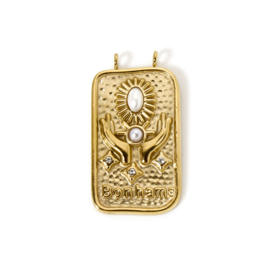 Picture of 1 Piece Eco-friendly PVD Vacuum Plating 304 Stainless Steel Two Holes Pendants 14K Real Gold Plated Rectangle Hand Clear Cubic Zirconia 3.4cm x 1.8cm