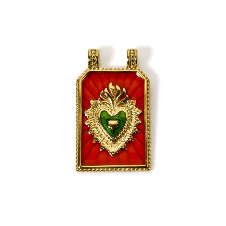 Picture of 1 Piece Eco-friendly PVD Vacuum Plating Waterproof Anti-Tarnish Hypoallergenic 304 Stainless Steel Religious Two Holes Pendants 14K Real Gold Plated Orange-red Enamel Hexagon Ex Voto Heart 3.2cm x 1.9cm
