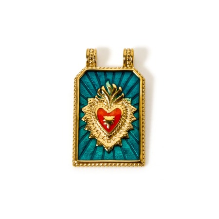 Picture of 1 Piece Eco-friendly PVD Vacuum Plating Waterproof Anti-Tarnish Hypoallergenic 304 Stainless Steel Religious Two Holes Pendants 14K Real Gold Plated Green Enamel Hexagon Ex Voto Heart 3.2cm x 1.9cm