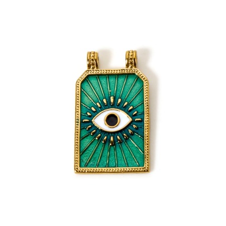 Picture of 1 Piece Eco-friendly PVD Vacuum Plating Waterproof Anti-Tarnish Hypoallergenic 304 Stainless Steel Religious Two Holes Pendants 14K Real Gold Plated Green Enamel Hexagon Eye of Providence/ All-seeing Eye 3.2cm x 1.9cm
