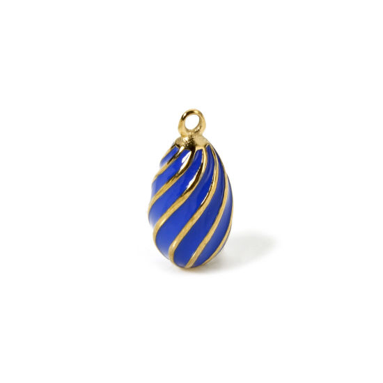 Immagine di 1 Pz Placcatura Sottovuoto PVD Ecologica 304 Acciaio Inossidabile Ciondoli Goccia 14K Vero Oro Placcato Blu Scuro ( Può tenere Smalto Spirale 20mm x 10mm