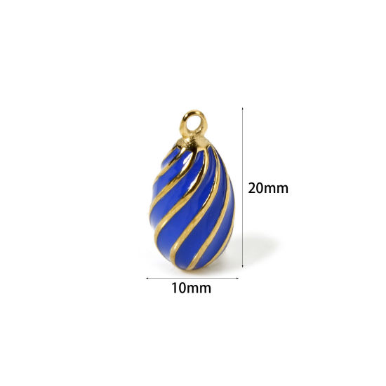 Immagine di 1 Pz Placcatura Sottovuoto PVD Ecologica 304 Acciaio Inossidabile Ciondoli Goccia 14K Vero Oro Placcato Blu Scuro ( Può tenere Smalto Spirale 20mm x 10mm
