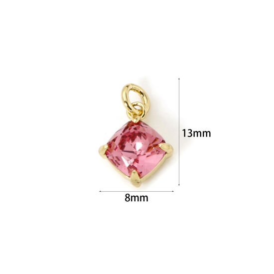 Picture of 2 PCs Eco-friendly Brass & Glass Geometric Charms 18K Real Gold Plated Hot Pink Rhombus 13mm x 8mm