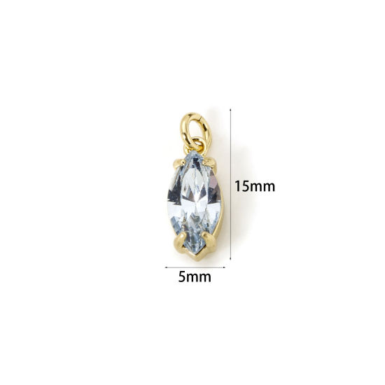 Picture of 2 PCs Eco-friendly Brass & Glass Geometric Charms 18K Real Gold Plated Blue Marquise 15mm x 5mm