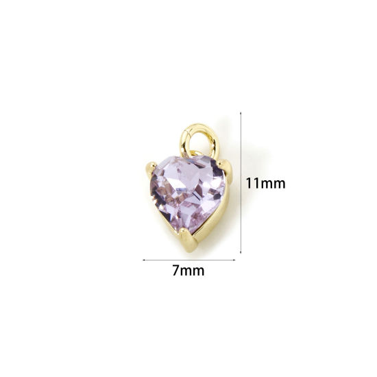 Picture of 2 PCs Eco-friendly Brass & Glass Valentine's Day Charms 18K Real Gold Plated Purple Heart 11mm x 7mm