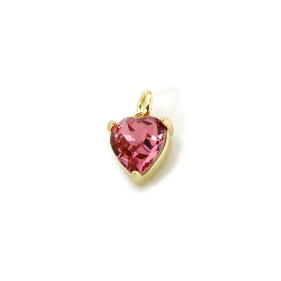 Picture of 2 PCs Eco-friendly Brass & Glass Valentine's Day Charms 18K Real Gold Plated Hot Pink Heart 11mm x 7mm