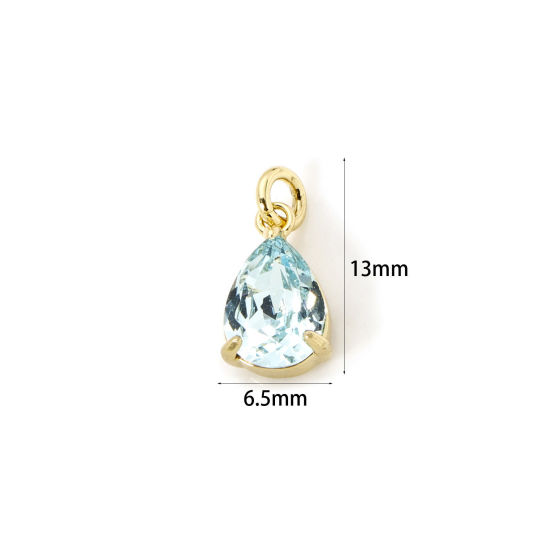 Picture of 2 PCs Eco-friendly Brass & Glass Geometric Charms 18K Real Gold Plated Green Blue Drop 13mm x 6.5mm