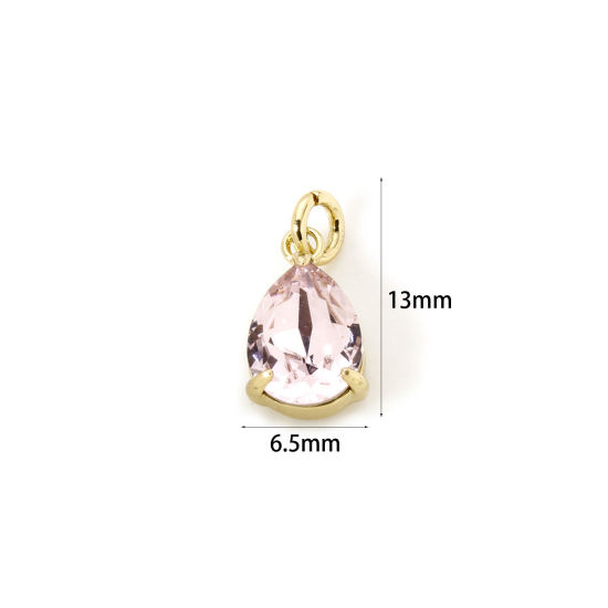 Picture of 2 PCs Eco-friendly Brass & Glass Geometric Charms 18K Real Gold Plated Light Pink Drop 13mm x 6.5mm