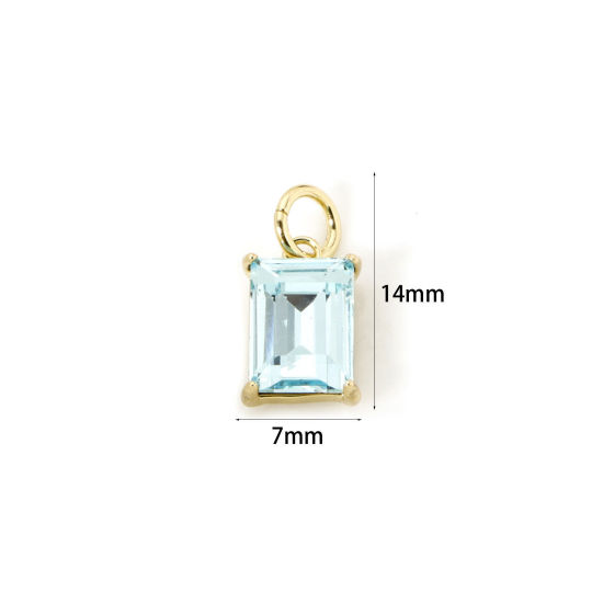 Picture of 2 PCs Eco-friendly Brass & Glass Geometric Charms 18K Real Gold Plated Green Blue Rectangle 14mm x 7mm