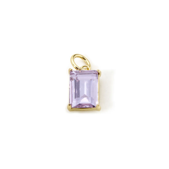 Picture of 2 PCs Eco-friendly Brass & Glass Geometric Charms 18K Real Gold Plated Purple Rectangle 14mm x 7mm