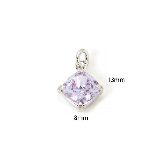 Picture of 2 PCs Eco-friendly Brass & Glass Geometric Charms Real Platinum Plated Purple Rhombus 13mm x 8mm