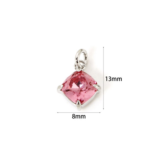 Picture of 2 PCs Eco-friendly Brass & Glass Geometric Charms Real Platinum Plated Hot Pink Rhombus 13mm x 8mm