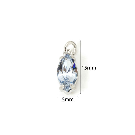 Picture of 2 PCs Eco-friendly Brass & Glass Geometric Charms Real Platinum Plated Blue Marquise 15mm x 5mm