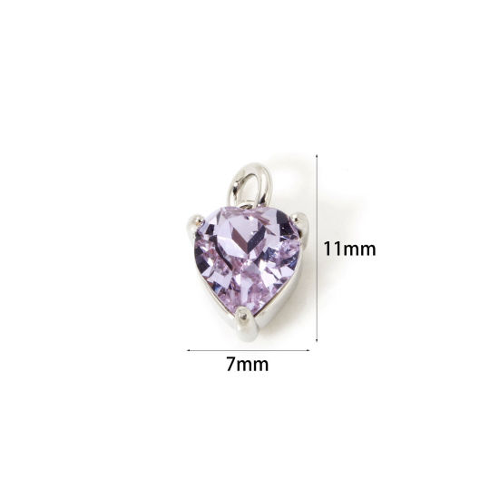 Picture of 2 PCs Eco-friendly Brass & Glass Valentine's Day Charms Real Platinum Plated Purple Heart 11mm x 7mm