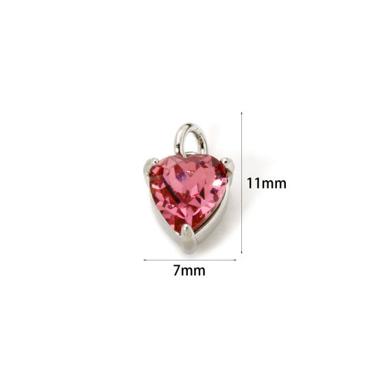 Picture of 2 PCs Eco-friendly Brass & Glass Valentine's Day Charms Real Platinum Plated Hot Pink Heart 11mm x 7mm