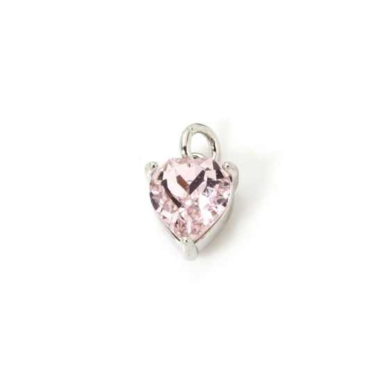 Picture of 2 PCs Eco-friendly Brass & Glass Valentine's Day Charms Real Platinum Plated Light Pink Heart 11mm x 7mm