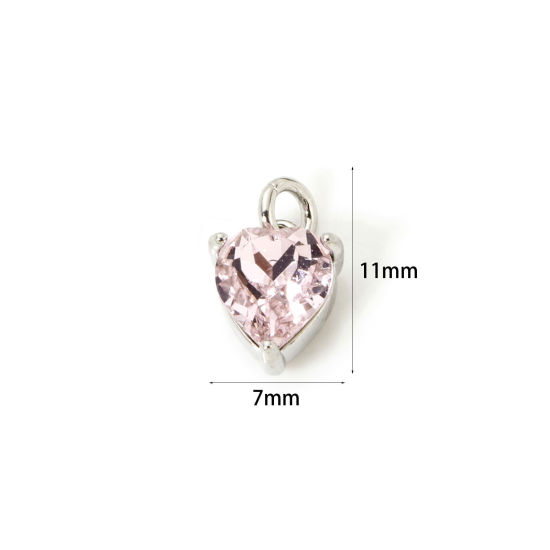 Picture of 2 PCs Eco-friendly Brass & Glass Valentine's Day Charms Real Platinum Plated Light Pink Heart 11mm x 7mm