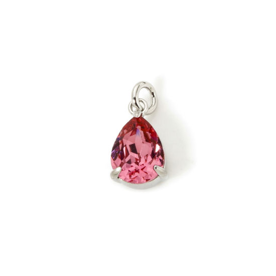 Picture of 2 PCs Eco-friendly Brass & Glass Geometric Charms Real Platinum Plated Hot Pink Drop 13mm x 6.5mm