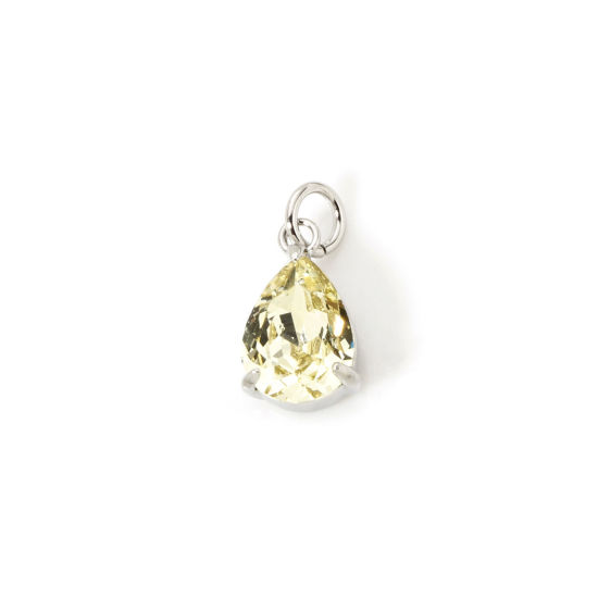 Picture of 2 PCs Eco-friendly Brass & Glass Geometric Charms Real Platinum Plated Yellow Drop 13mm x 6.5mm