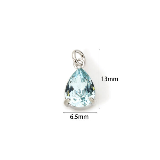 Picture of 2 PCs Eco-friendly Brass & Glass Geometric Charms Real Platinum Plated Green Blue Drop 13mm x 6.5mm