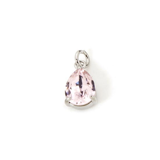 Picture of 2 PCs Eco-friendly Brass & Glass Geometric Charms Real Platinum Plated Light Pink Drop 13mm x 6.5mm