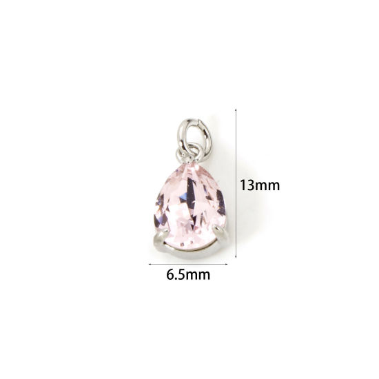 Picture of 2 PCs Eco-friendly Brass & Glass Geometric Charms Real Platinum Plated Light Pink Drop 13mm x 6.5mm