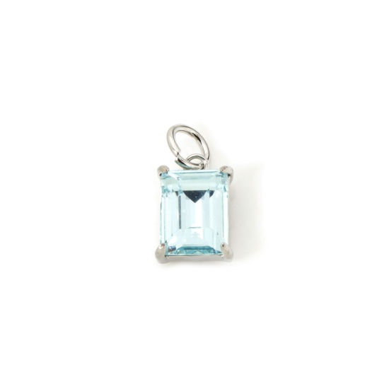 Picture of 2 PCs Eco-friendly Brass & Glass Geometric Charms Real Platinum Plated Green Blue Rectangle 14mm x 7mm