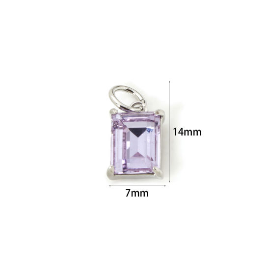 Picture of 2 PCs Eco-friendly Brass & Glass Geometric Charms Real Platinum Plated Purple Rectangle 14mm x 7mm