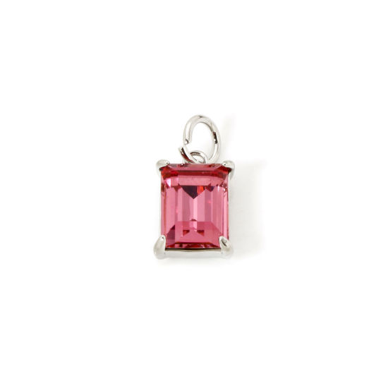 Picture of 2 PCs Eco-friendly Brass & Glass Geometric Charms Real Platinum Plated Hot Pink Rectangle 14mm x 7mm