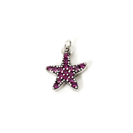 Picture of 2 PCs Eco-friendly Brass Ocean Jewelry Charms Antique Silver Color Star Fish Micro Pave Fuchsia Cubic Zirconia 16mm x 12mm