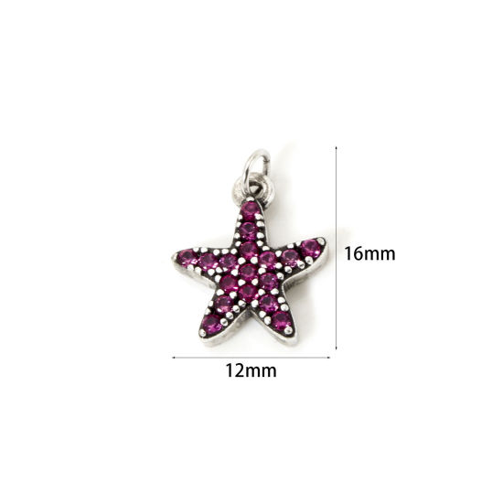 Image de 2 Pcs Breloques Bijoux d'Océan Respectueux de la Nature en Laiton Argent Vieilli Etoile de Mer Micro Pave à Zircone Cubique Fuchsia 16mm x 12mm