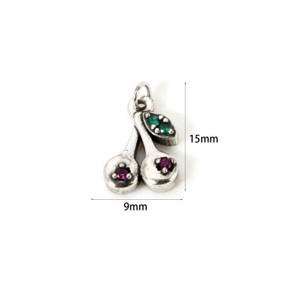 Picture of 2 PCs Eco-friendly Brass Flora Collection Charms Antique Silver Color Cherry Fruit Micro Pave Red Cubic Zirconia 15mm x 9mm