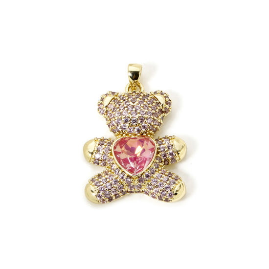 Picture of 1 Piece Eco-friendly Brass Pendants 18K Real Gold Plated Bear Animal Micro Pave Light Pink Cubic Zirconia 3.1cm x 2.1cm