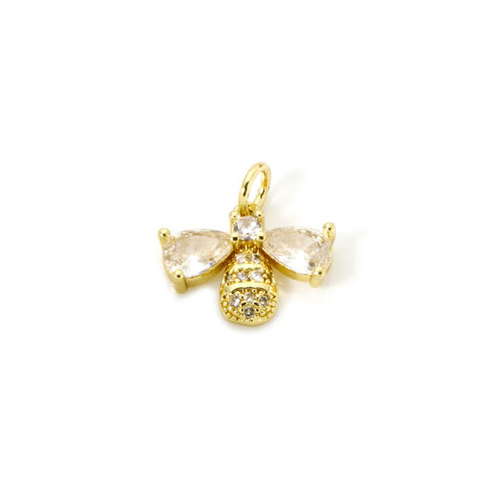 Picture of 1 Piece Eco-friendly Brass Insect Charms 18K Real Gold Plated Bee Animal Micro Pave Clear Cubic Zirconia 14mm x 14mm