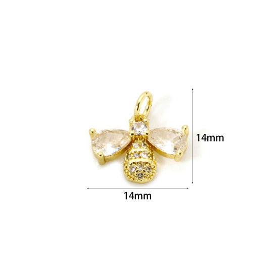 Picture of 1 Piece Eco-friendly Brass Insect Charms 18K Real Gold Plated Bee Animal Micro Pave Clear Cubic Zirconia 14mm x 14mm