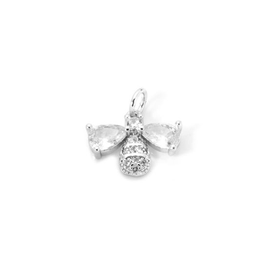 Picture of 1 Piece Eco-friendly Brass Insect Charms Real Platinum Plated Bee Animal Micro Pave Clear Cubic Zirconia 14mm x 14mm