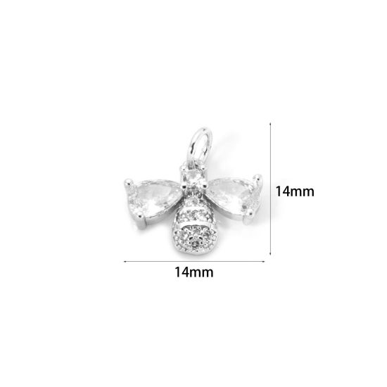 Picture of 1 Piece Eco-friendly Brass Insect Charms Real Platinum Plated Bee Animal Micro Pave Clear Cubic Zirconia 14mm x 14mm